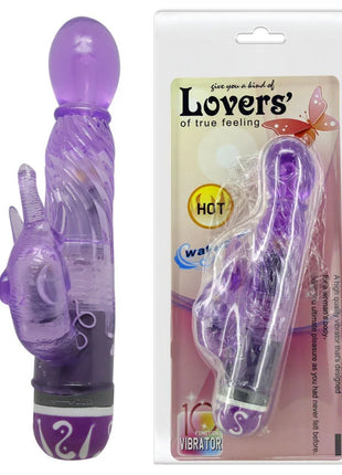 Lila transparenter kaninchen-vibrator mit mehrstufiger intensität und weißem wirbelmuster am sockel