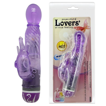 Lila transparenter kaninchen-vibrator mit mehrstufiger intensität und weißem wirbelmuster am sockel