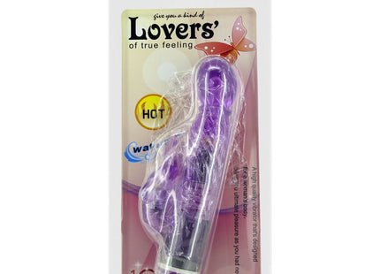Lila transparenter kunststoff vibrator mit gebogenem design und silberner basis verpackt mit lovers branding