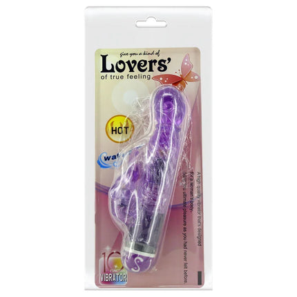 Lila transparenter kunststoff vibrator mit gebogenem design und silberner basis verpackt mit lovers branding