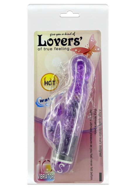 Lila transparenter kunststoff vibrator mit gebogenem design und silberner basis verpackt mit lovers branding