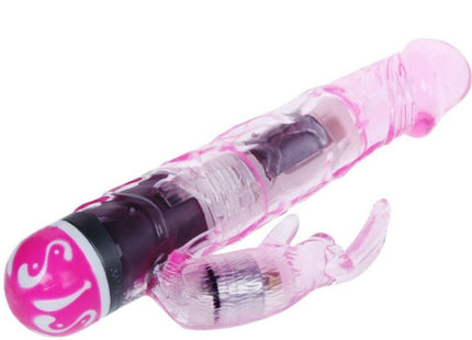 Baile multispeedvibrator mit kaninchen aus rosa durchsichtigem plastik mit dekorativem pink-weißem wirbel auf der abgerundeten kappe