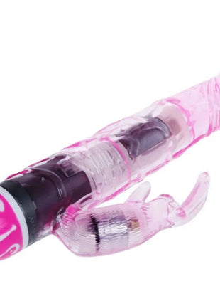 Baile multispeedvibrator mit kaninchen aus rosa durchsichtigem plastik mit dekorativem pink-weißem wirbel auf der abgerundeten kappe