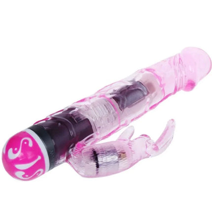 Baile multispeedvibrator mit kaninchen aus rosa durchsichtigem plastik mit dekorativem pink-weißem wirbel auf der abgerundeten kappe