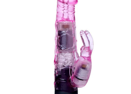 Pink durchscheinender silikon multispeed vibrator mit kaninchen förmigem aufsatz und dekorativem sockel