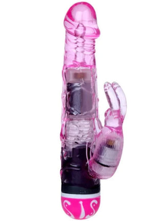 Pink durchscheinender silikon multispeed vibrator mit kaninchen förmigem aufsatz und dekorativem sockel