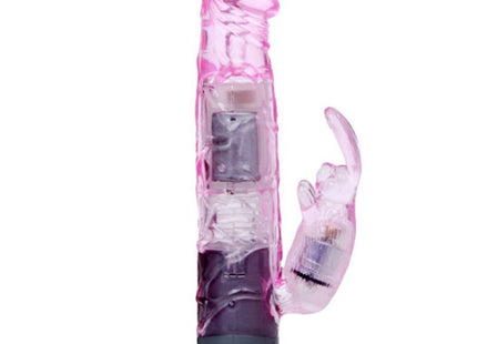 Rosa durchscheinender silikon vibrator in kaninchenform mit sichtbarem akku und weißer beschriftung am sockel