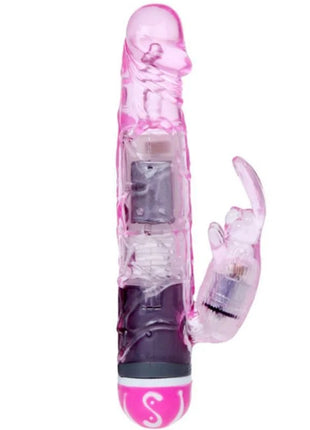 Rosa durchscheinender silikon vibrator in kaninchenform mit sichtbarem akku und weißer beschriftung am sockel