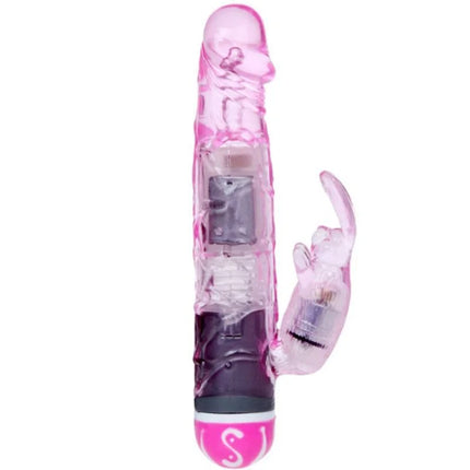 Rosa durchscheinender silikon vibrator in kaninchenform mit sichtbarem akku und weißer beschriftung am sockel