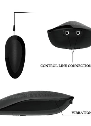 Schwarzes, ovales elektronisches gerät mit strukturierter oberfläche und markierten steueranschlusspunkten auf der rückseite des baile natürlicher barbara realistischer vibrator 22 cm