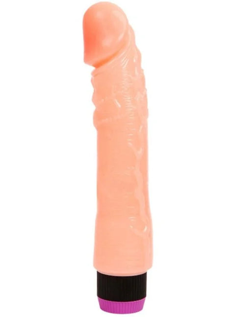 Peachfarbener silikonvibrator mit strukturierter oberfläche und schwarzem lila sockel 24 cm von baile