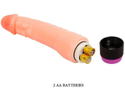 Pink silikon vibrator von baile mit zwei aa batterien und schwarzer lila kappe neben dem flexiblen realistischen 24 cm model