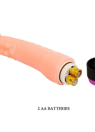 Pink silikon vibrator von baile mit zwei aa batterien und schwarzer lila kappe neben dem flexiblen realistischen 24 cm model