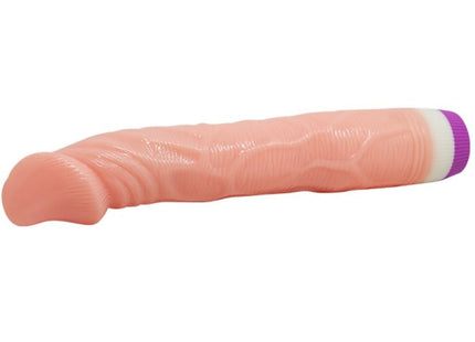 Rosa silikonvibrator mit strukturierter oberfläche und lila-weißem abschluss aus der serie baile natürlich realistischer vibrator 22 cm