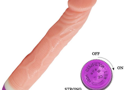 Natürlicher realistischer vibrator 22 cm aus pinkem silikon mit lila basis und drehregler für intensitätsstufen