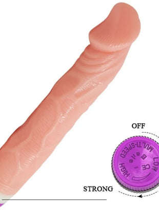 Natürlicher realistischer vibrator 22 cm aus pinkem silikon mit lila basis und drehregler für intensitätsstufen