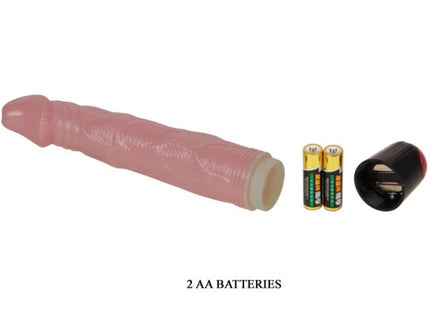 Pink silikon vibrator von baile mit strukturierter oberfläche und abnehmbarem schwarzem deckel neben zwei aa-batterien