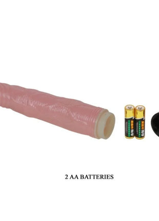 Pink silikon vibrator von baile mit strukturierter oberfläche und abnehmbarem schwarzem deckel neben zwei aa-batterien
