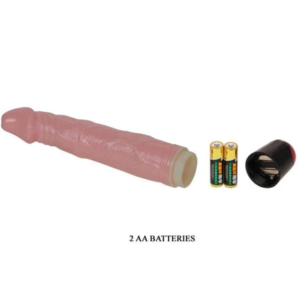 Pink silikon vibrator von baile mit strukturierter oberfläche und abnehmbarem schwarzem deckel neben zwei aa-batterien