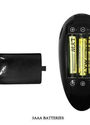Schwarzes batteriefach mit drei gelben aaa-batterien auf der rückseite des baile oliver realistischer vibrator mit rotationsfunktion