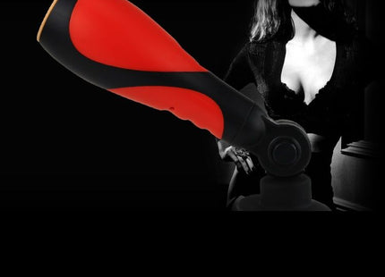 Roter und schwarzer ergonomischer griff mit strukturierter oberfläche und geschwungener form für komfort bei baile oral sex lover 30v mit adapter