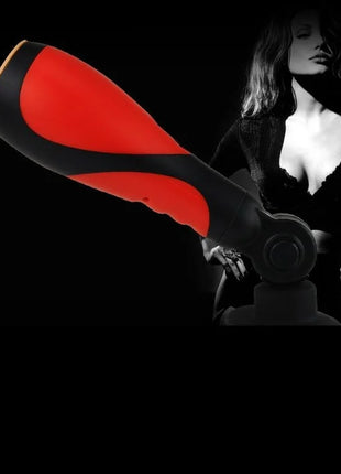 Roter und schwarzer ergonomischer griff mit strukturierter oberfläche und geschwungener form für komfort bei baile oral sex lover 30v mit adapter