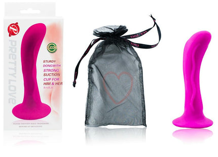 Hellrosa silikon dildo von pretty love mit verpackung und schwarzem mesh aufbewahrungsbeutel unisex saugstecker