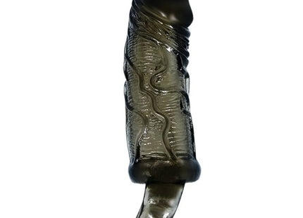 Baile penis extender cover mit gurte schwarz 13,5 cm aus durchsichtigem dunkelgrauem silikon mit strukturierter oberfläche und gebogenem sockel