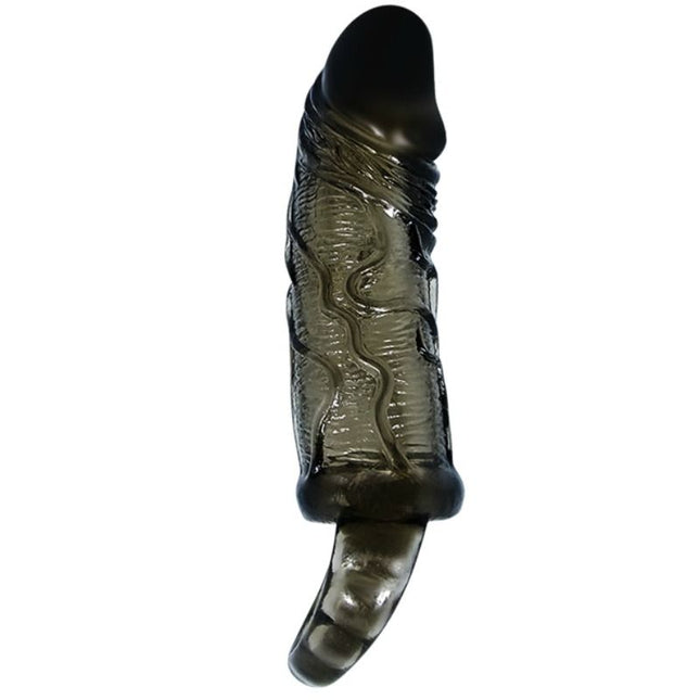 Baile penis extender cover mit gurte schwarz 13,5 cm aus durchsichtigem dunkelgrauem silikon mit strukturierter oberfläche und gebogenem sockel