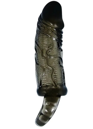 Baile penis extender cover mit gurte schwarz 13,5 cm aus durchsichtigem dunkelgrauem silikon mit strukturierter oberfläche und gebogenem sockel