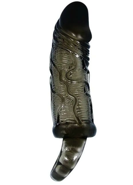 Baile penis extender cover mit gurte schwarz 13,5 cm aus durchsichtigem dunkelgrauem silikon mit strukturierter oberfläche und gebogenem sockel