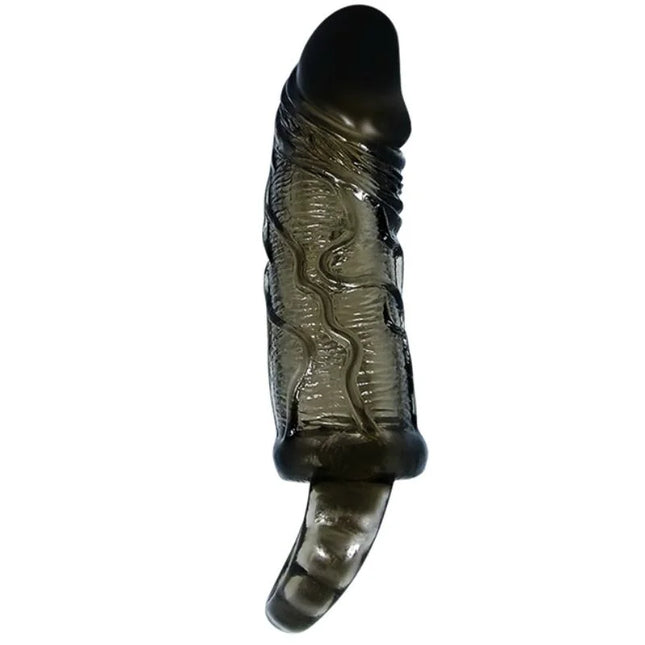 Baile penis extender cover mit gurte schwarz 13,5 cm aus durchsichtigem dunkelgrauem silikon mit strukturierter oberfläche und gebogenem sockel