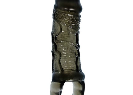 Dunkel durchsichtiger silikon cockring mit strukturierter gerillter oberfläche im baile penis extender cover mit gurt schwarz 135 cm