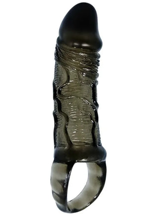 Dunkel durchsichtiger silikon cockring mit strukturierter gerillter oberfläche im baile penis extender cover mit gurt schwarz 135 cm