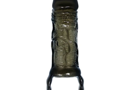 Dunkler translucent silikon cockring mit strukturierter gerippter oberfläche und glattem rundem kopf schwarz 13,5 cm