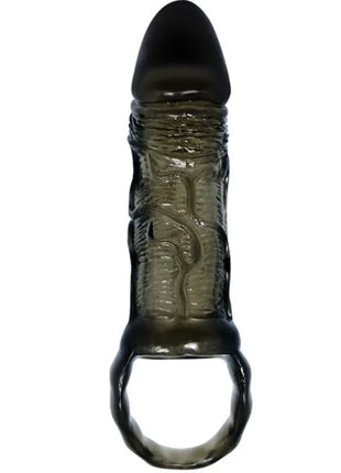 Dunkler translucent silikon cockring mit strukturierter gerippter oberfläche und glattem rundem kopf schwarz 13,5 cm