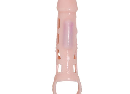 Rosa silikon penis extender cover mit vibration und natürlichem gurt 13.5 cm mit ring und ausgeschnittenen sektionen