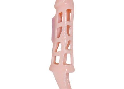 Pink silikon penis extender cover mit vibration und rechteckigen aussparungen 13,5 cm lang