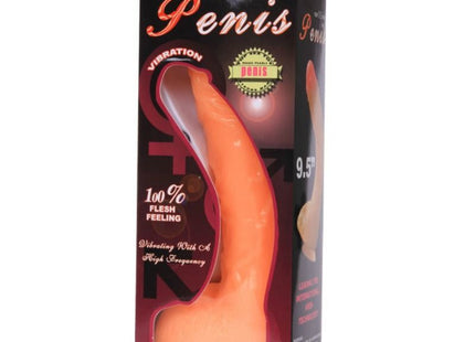 Orange silikon vibrierender penis dildo mit realistischem vibrationsgefühl in schwarzer und roter top sex toy verpackung