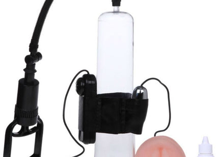 Baile penisvergrößerungssystem mit vibration schwarzer griff vakuumpumpe mit klarem glaszylinder schwarzem schlauch pink silikon einlage und weißer gleitmittelflasche