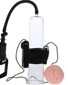 Baile penisvergrößerungssystem mit vibration schwarzer griff vakuumpumpe mit klarem glaszylinder schwarzem schlauch pink silikon einlage und weißer gleitmittelflasche