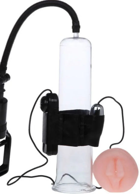 Baile penisvergrößerungssystem mit vibration schwarzer griff vakuumpumpe mit klarem glaszylinder schwarzem schlauch pink silikon einlage und weißer gleitmittelflasche