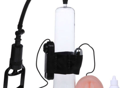 Baile penisvergrößerungssystem mit vibration schwarzer griff, klares glas, schlauch, rosa silikon dildo und gleitgel