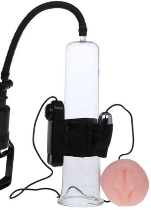 Baile penisvergrößerungssystem mit vibration schwarzer griff, klares glas, schlauch, rosa silikon dildo und gleitgel