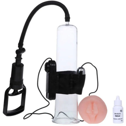 Baile penisvergrößerungssystem mit vibration schwarzer griff, klares glas, schlauch, rosa silikon dildo und gleitgel