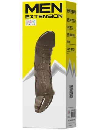 Dunkelbraunes, transparentes silikon penilverlängerungshülle mit gurt für hoden 11,5 cm in gelb-weißem karton