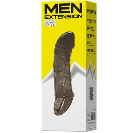 Dunkelbraunes, transparentes silikon penilverlängerungshülle mit gurt für hoden 11,5 cm in gelb-weißem karton