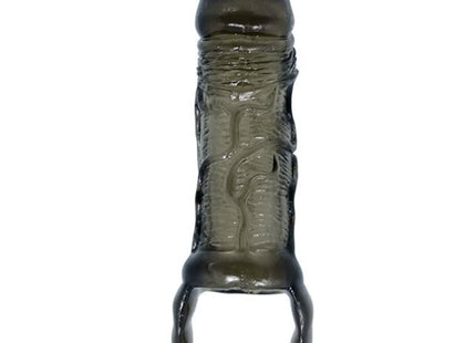 Transparent dunkelgrauer silikon cockring mit strukturierter rillenoptik und rundem band von baile penisverlängerungshülle mit gurt für hoden 11 5 cm