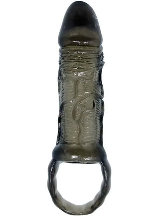 Transparent dunkelgrauer silikon cockring mit strukturierter rillenoptik und rundem band von baile penisverlängerungshülle mit gurt für hoden 11 5 cm