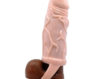 Baile penisverlängerungshülle mit gurt in rosa und braun aus silikon mit realistisch strukturierter oberfläche